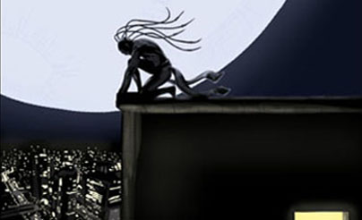 Hero atop building in front of moon